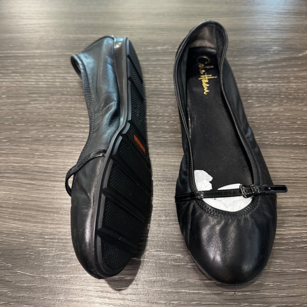 Cole Haan Black Leather Ballet Flats Round Toe Buckle Strap Size 8.5 Womens